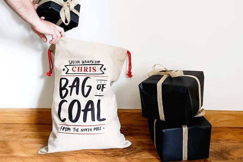 Personalised Christmas Gift Sack for Pet reads "Special Delivery For [name here] Bag Of Coal From The North Pole"
