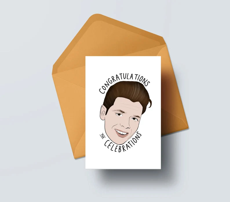 Cliff Richard Inspired Birthday Card reads "Congratulations and Celebrations"