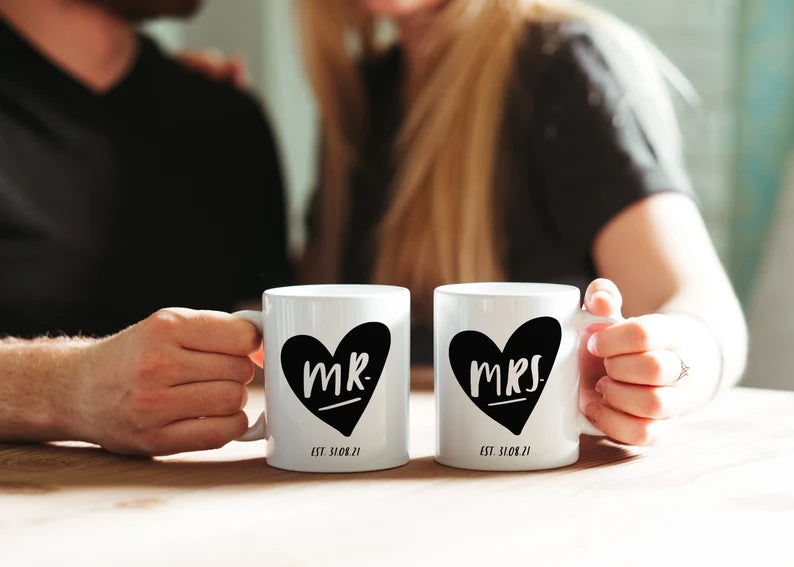 Personalised Couple Wedding Mug Set Gift for Couple reads "MR" and "MRS"