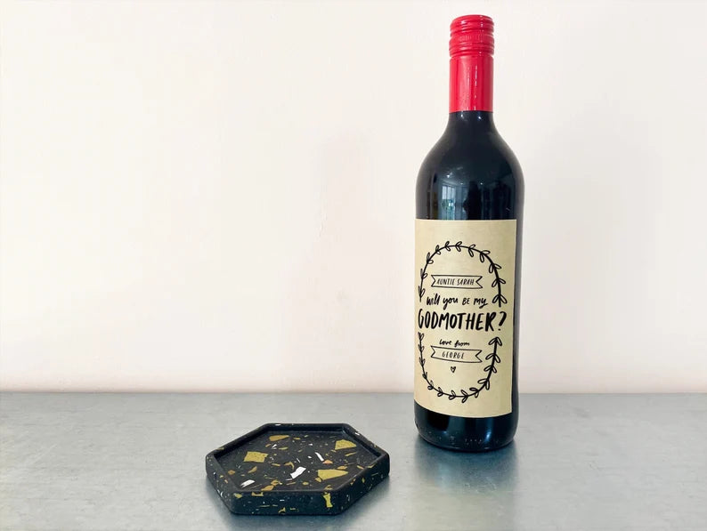 Personalised Wine Bottle Label Godparent Proposal Gift reads "Will You Be My Godmother?"
