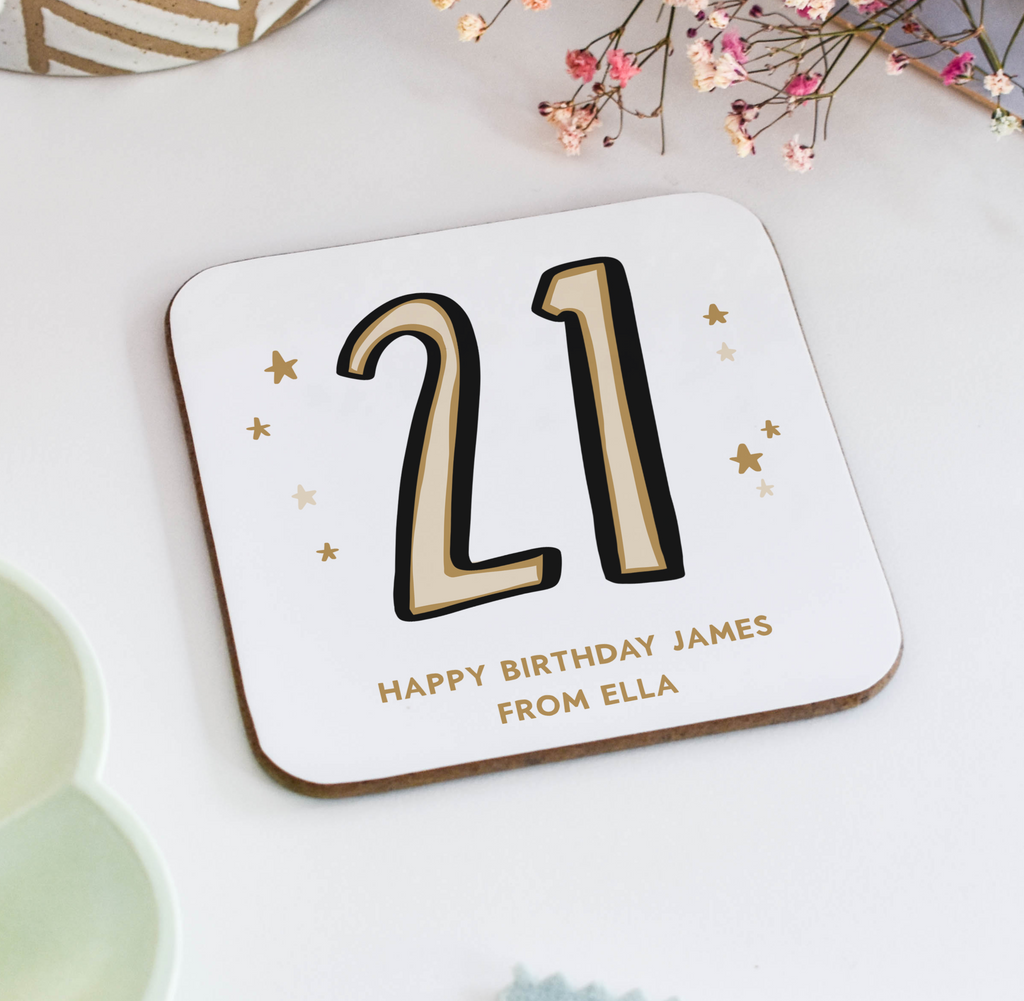 Personalised 21st birthday coaster gift for him or her