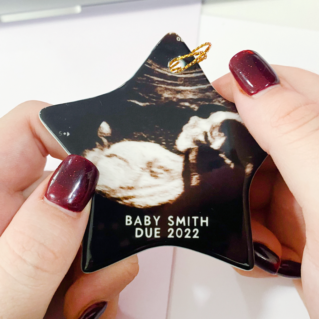Personalised baby scan photo keepsake ceramic star bauble