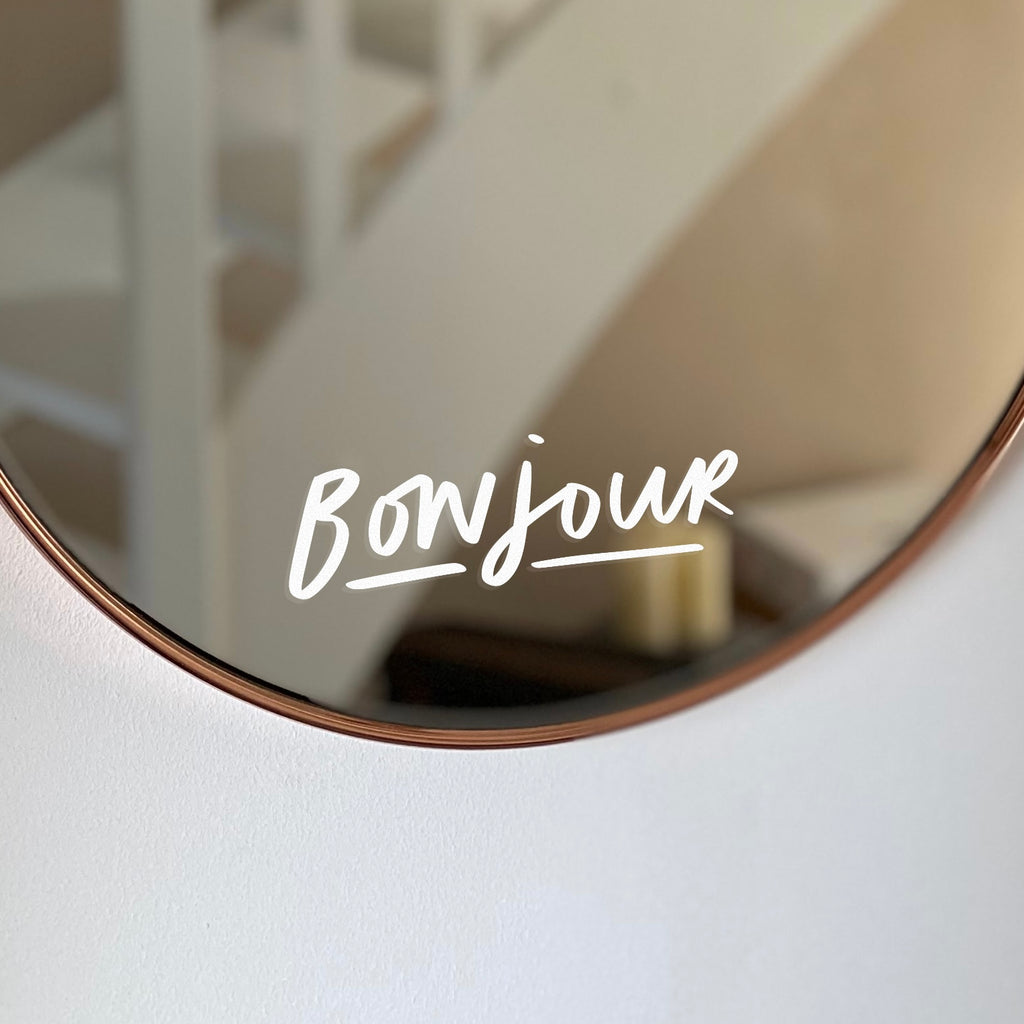 ‘Bonjour’ hand-lettered mirror decal 