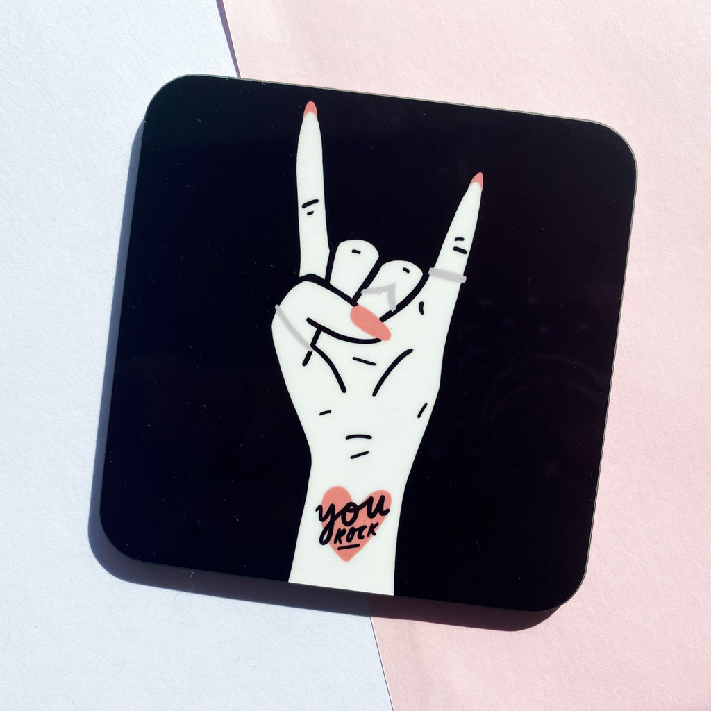 9cm x 9cm coaster featuring a female hand with a tattoo saying "You Rock" gift for friend