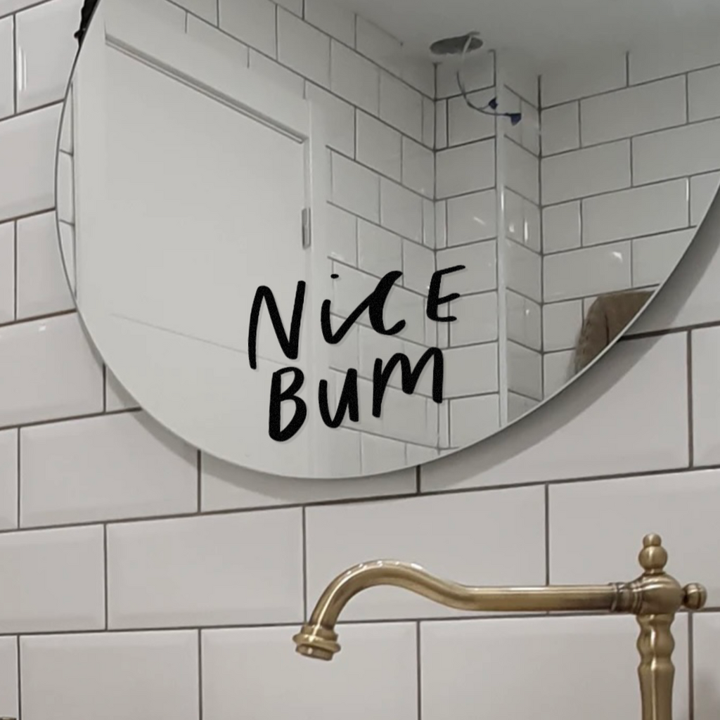 "Nice Bum" hand-lettered bathroom funny mirror decal