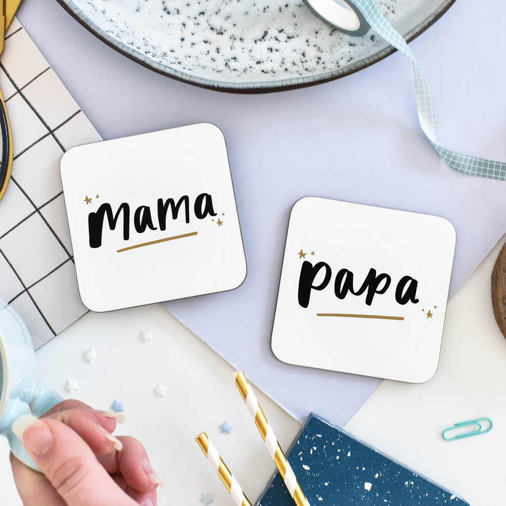 A matching coaster set for the new parents