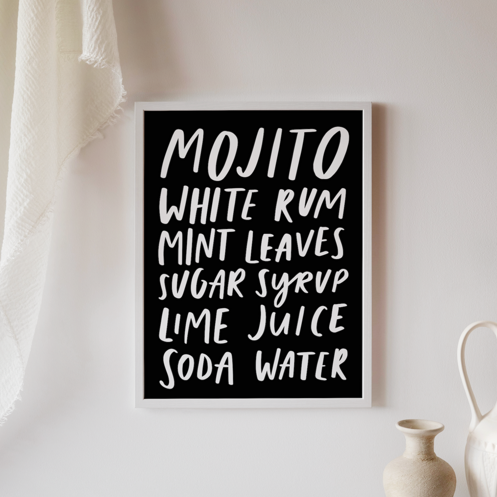 Hand-lettered monochrome print of a mojito cocktail recipe print