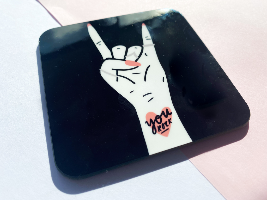 9cm x 9cm coaster featuring a female hand with a tattoo saying "You Rock" gift for friend