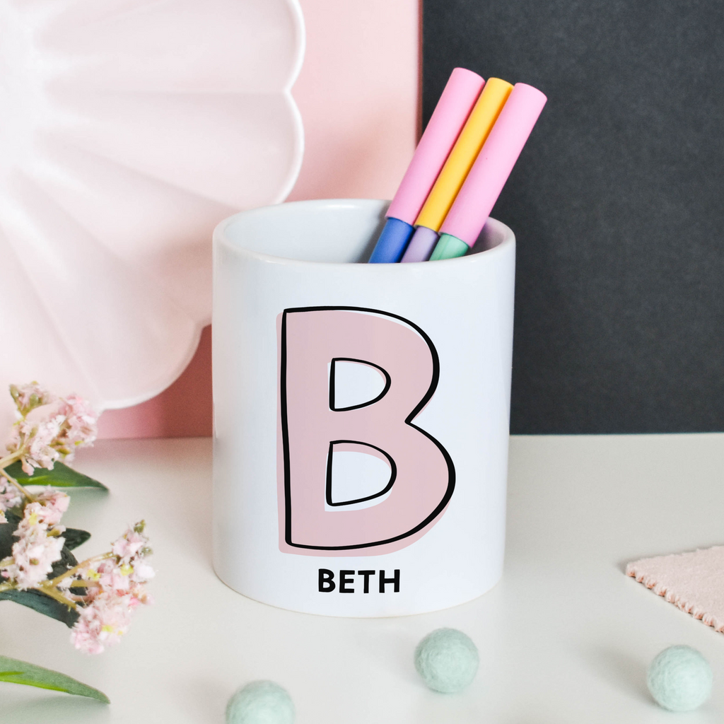 Personalised Pen Pot Brush Holder Pink Initial 