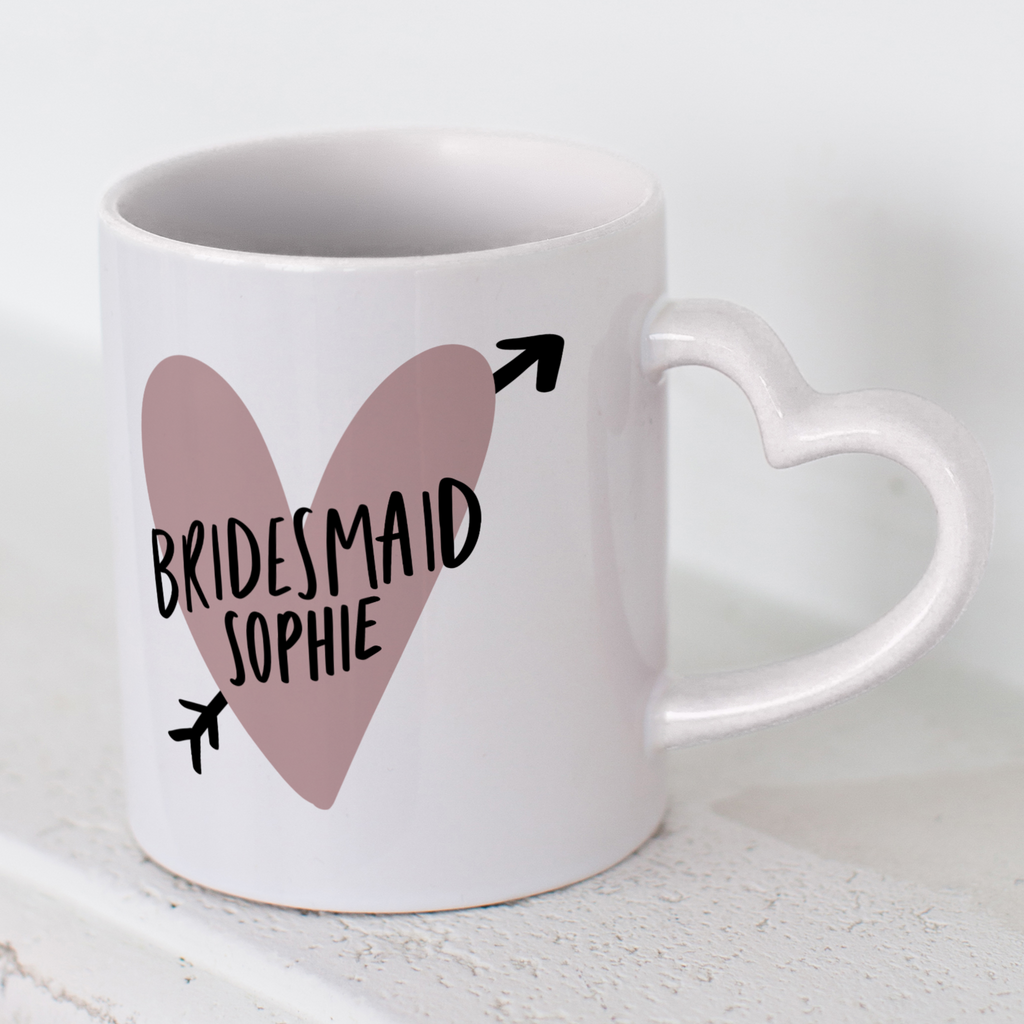 Personalised bridesmaid mug gift for bridesmaid with a heart shaped handle