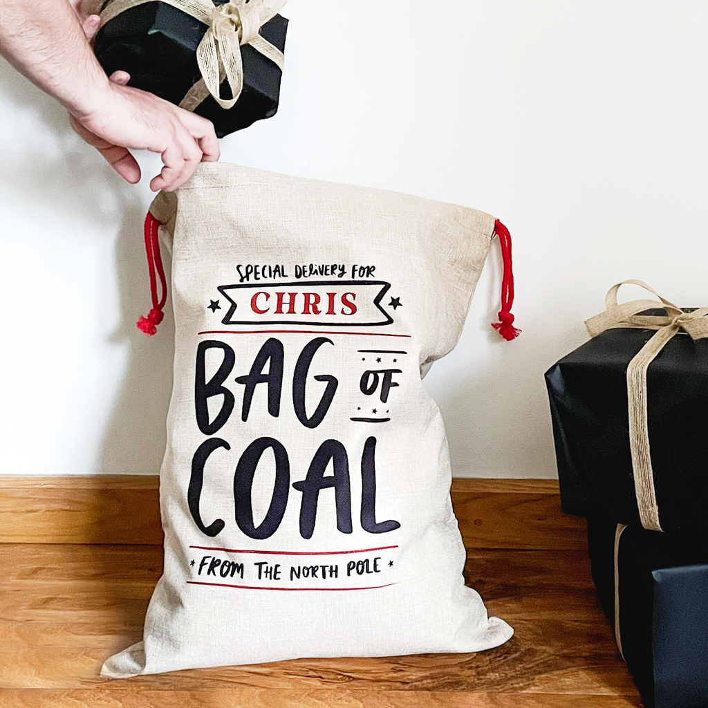 Personalised Christmas Sack Reusable Burlap Gift Bag Of Coal